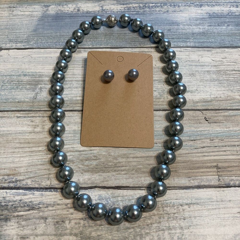 Hand-knotted Gray Pearl Faux with Earrings Necklace set‎ Pave Safety Clasp NWOT